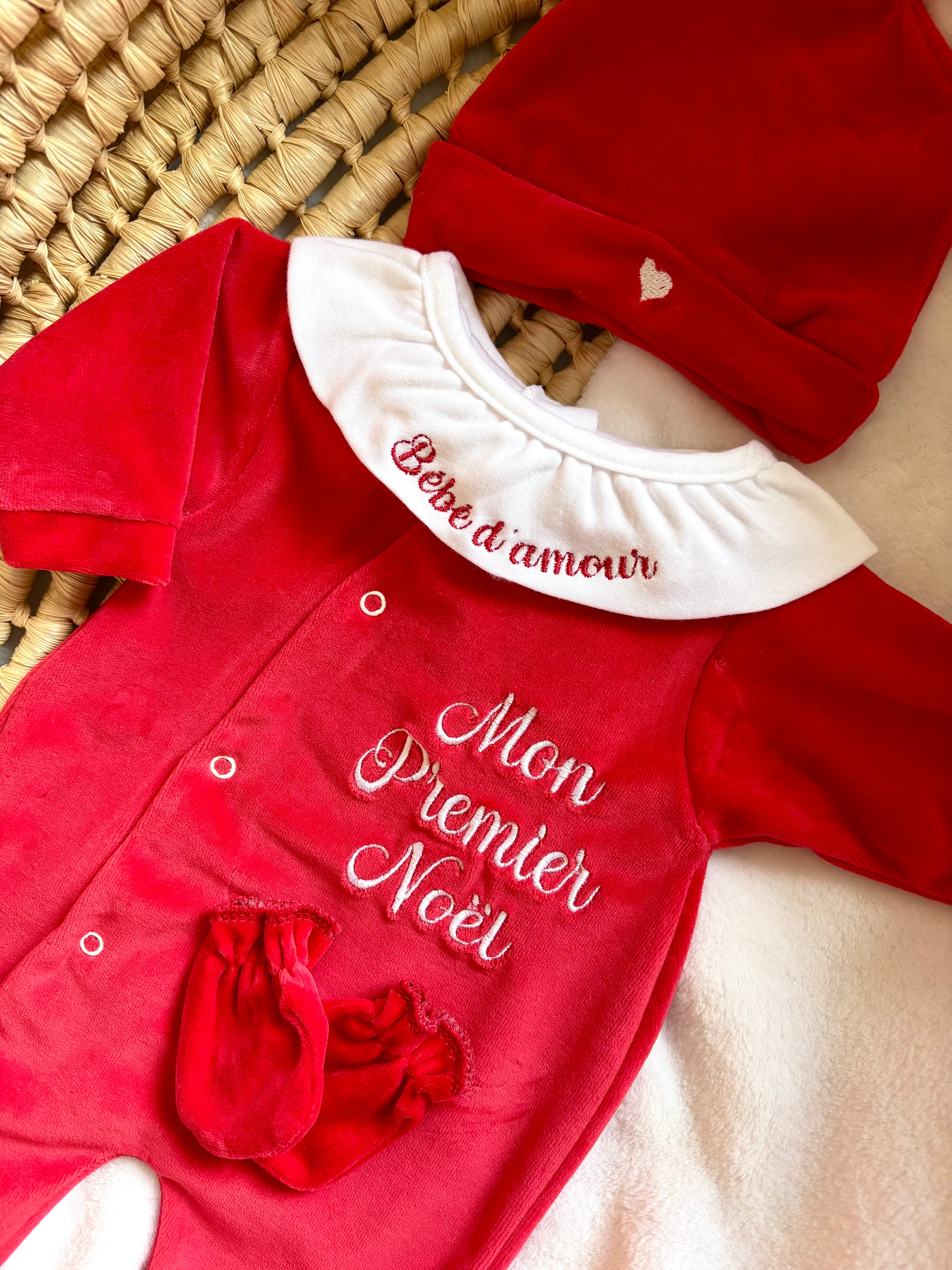Ensemble pyjama velours 3 pièces + body ml avec col - MON PREMIER NOËL - 0/3 mois