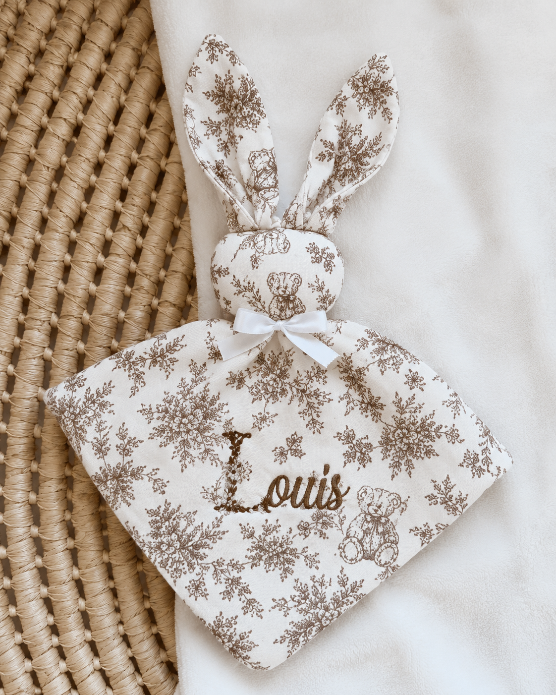 Doudou lapin bébé personnalisé en gaze de coton - Rêve d'Ourson