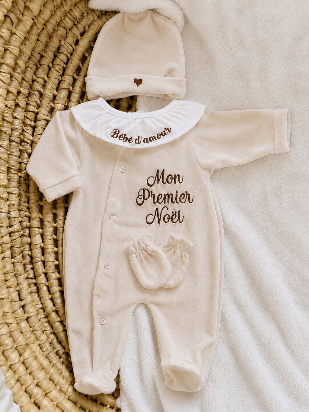 Ensemble pyjama velours 3 pièces + body ml avec col - MON PREMIER NOËL - 0/3 mois