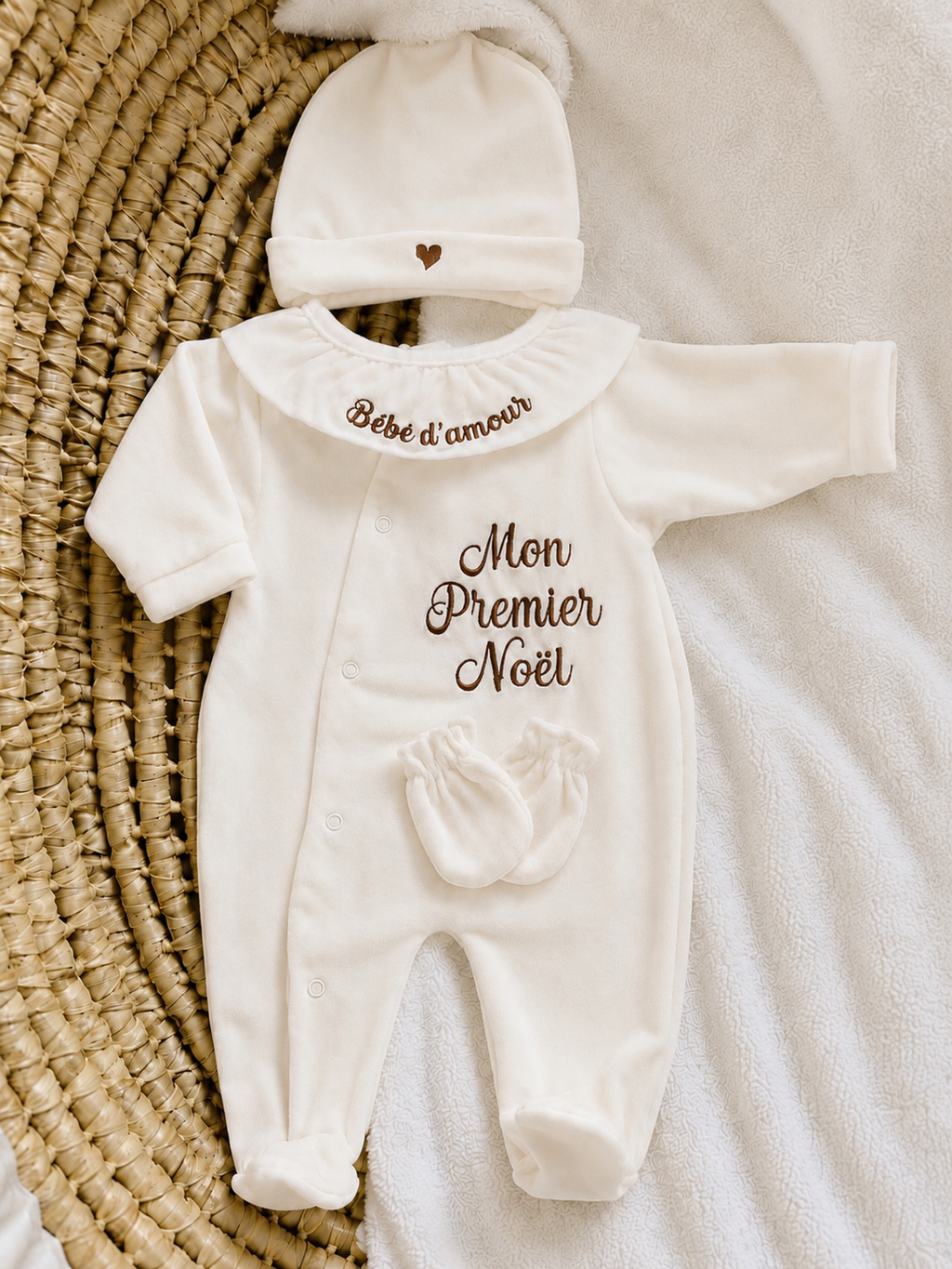 Ensemble pyjama velours 3 pièces + body ml avec col - MON PREMIER NOËL - 0/3 mois