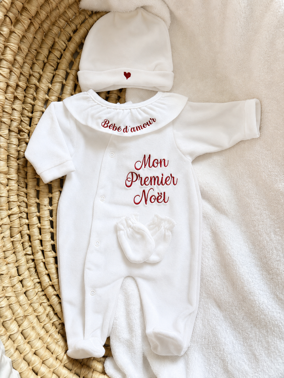 Ensemble pyjama velours 3 pièces + body ml avec col - MON PREMIER NOËL - 0/3 mois