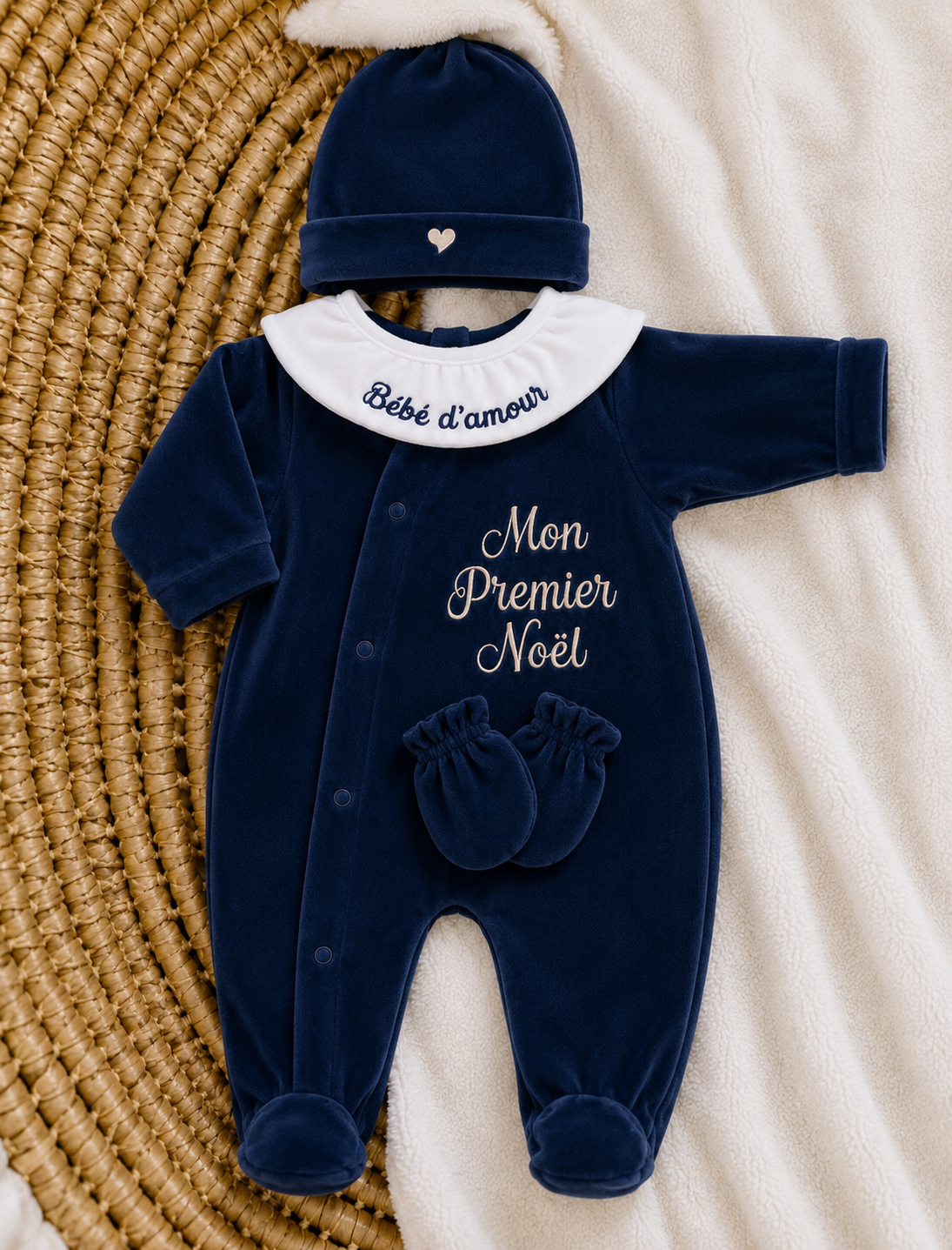 Ensemble pyjama velours 3 pièces + body ml avec col - MON PREMIER NOËL - 0/3 mois